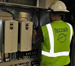 BEC electrician Ray Rincon works on the air handler project at MH.